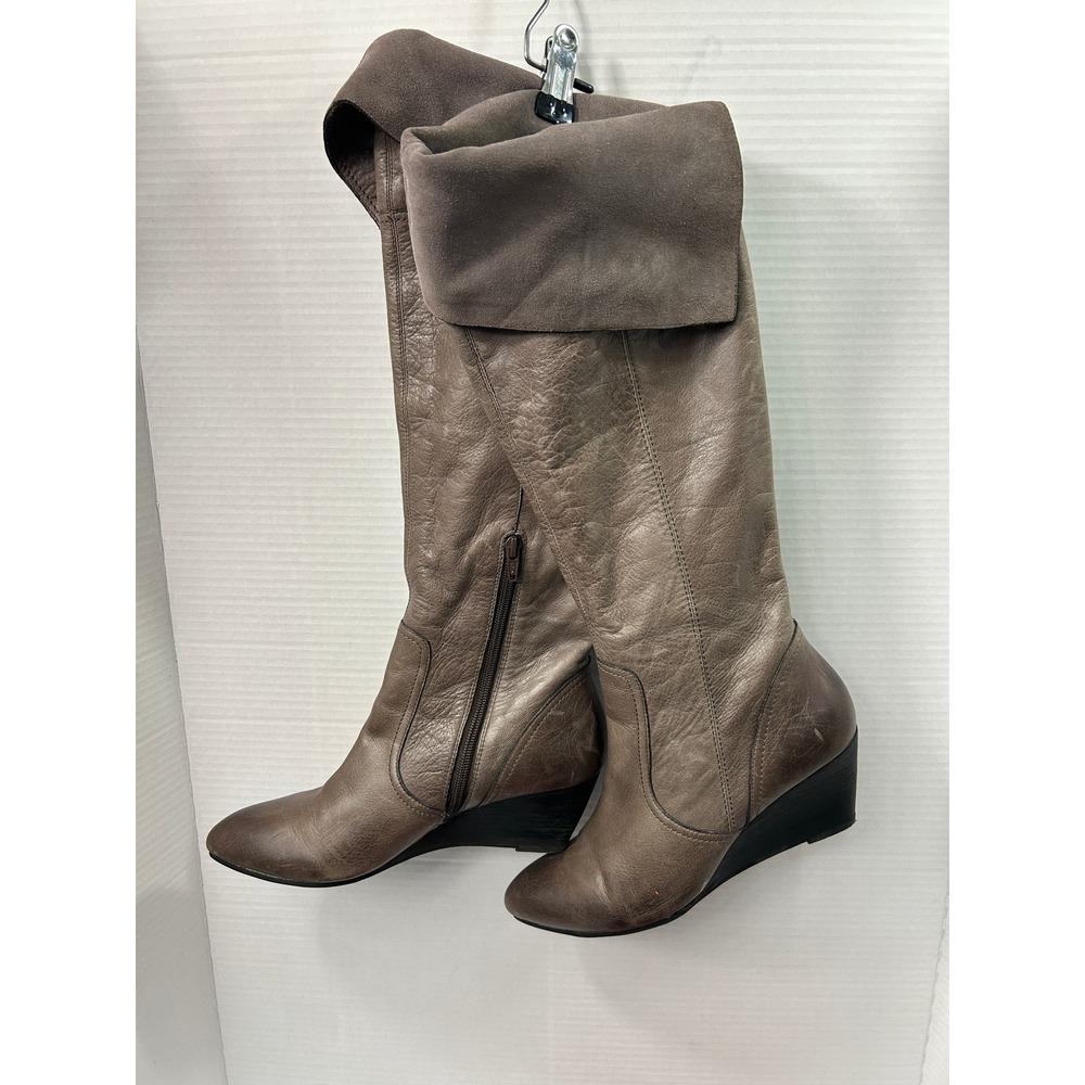 Nicole Leather Wedge Tall Boots 8.5M Taupe Suede Cuff Boho Equestrian Minimalist
